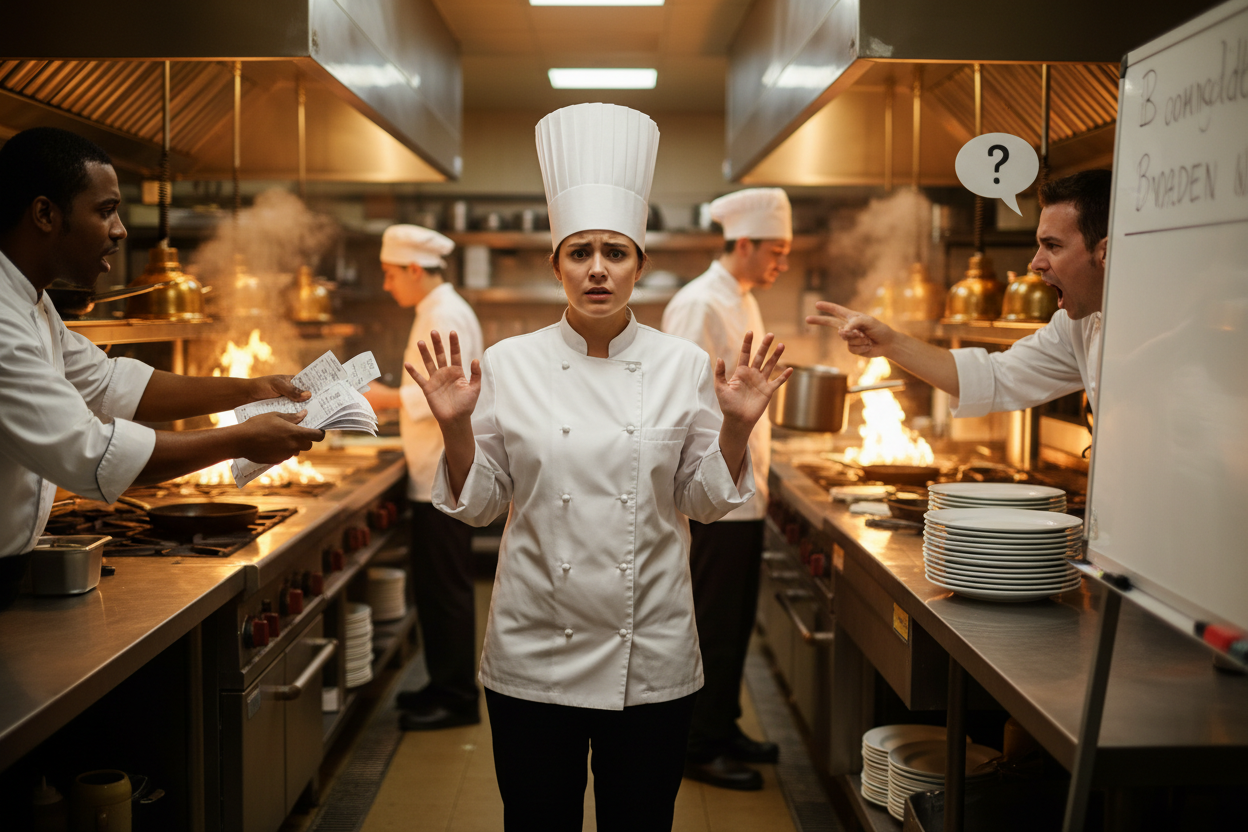 New chef, just promoted, trying to handle multiple people asking for things in a busy kitchen environment, looking overwhelmed. 