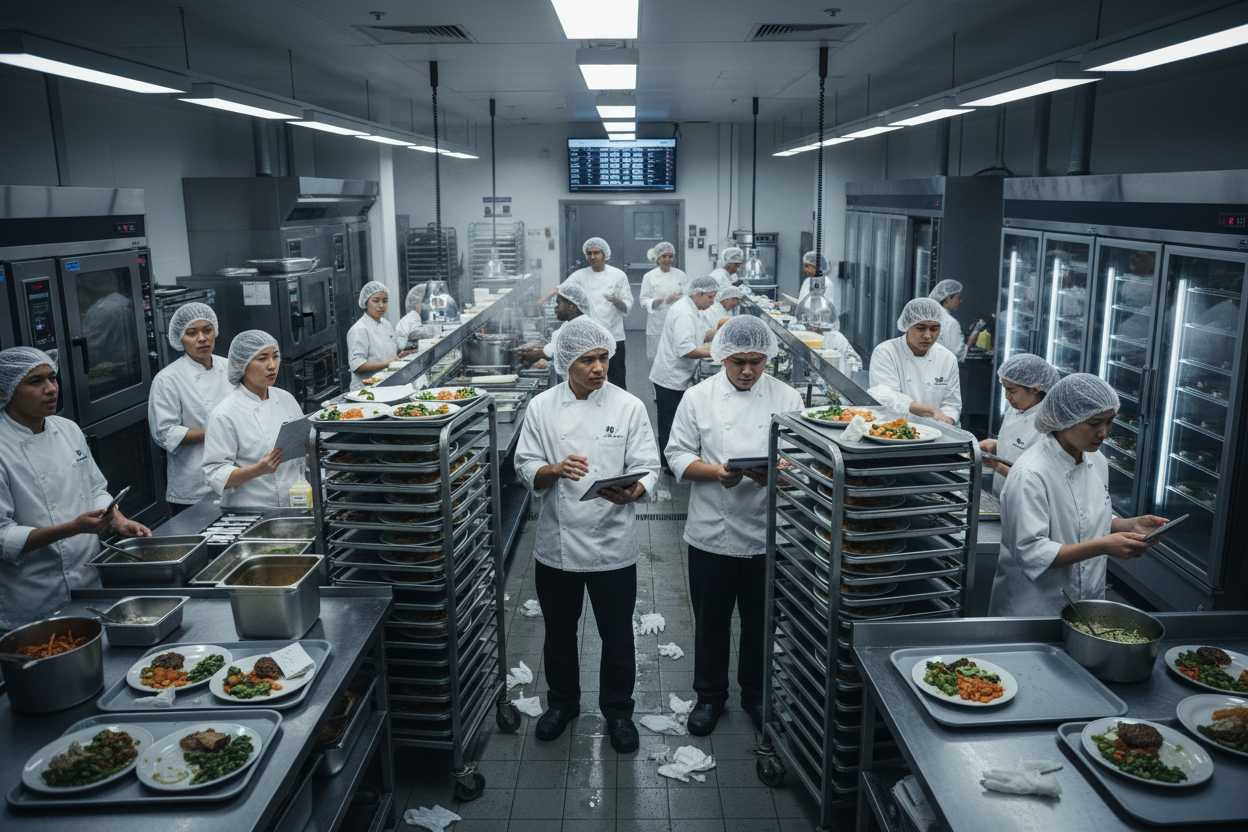 regenerate to look like healthcare food service setting, people of color, busy food service, confusion