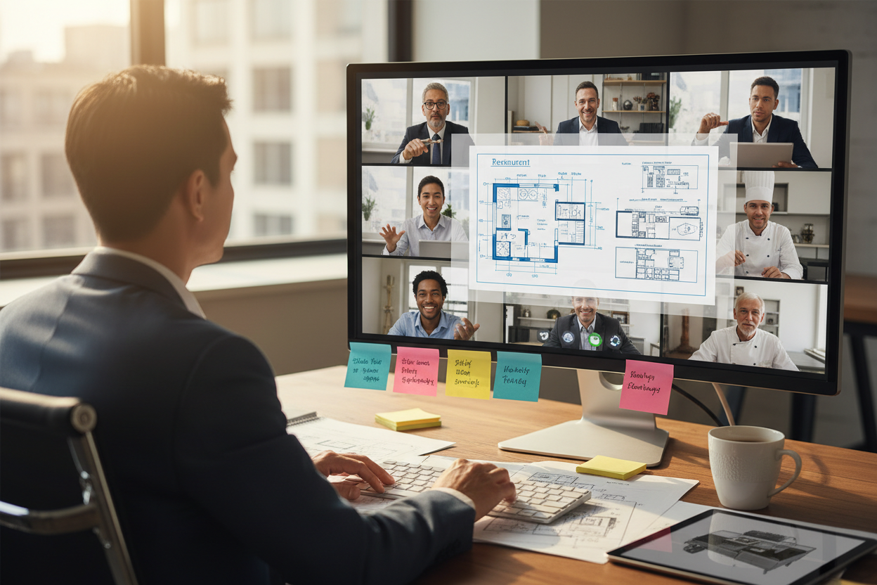 regenerate with person on a zoom call with multiple people on the virtual call discussing plans for restaurant design