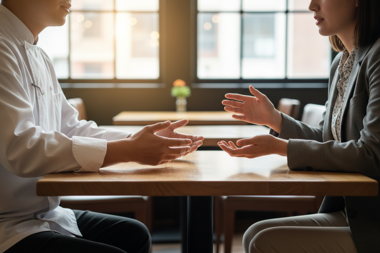 torso and hands only, no faces, sitting at a restaurant table, one person in chef jacket receiving guidance from a woman in business casual attire